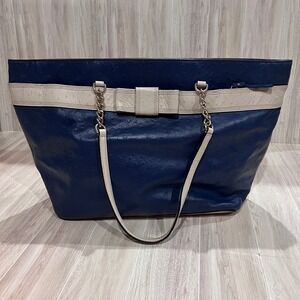 Kate Spade Navy and Cream Tote Bag Ostrich Print Satchel Chain Shoulder Bag